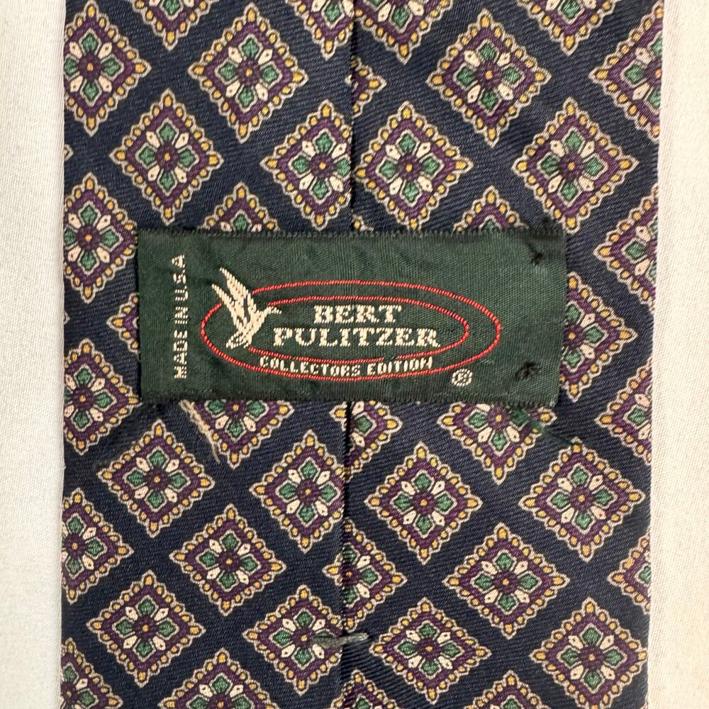 Burt Pulitzer Men’s Silk Necktie Navy Hand Printed USA Made Collectors Edition